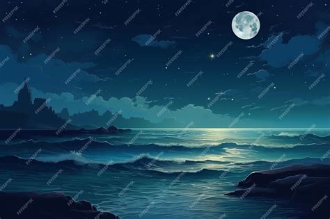 Premium AI Image | Night ocean landscape full moon and stars shine