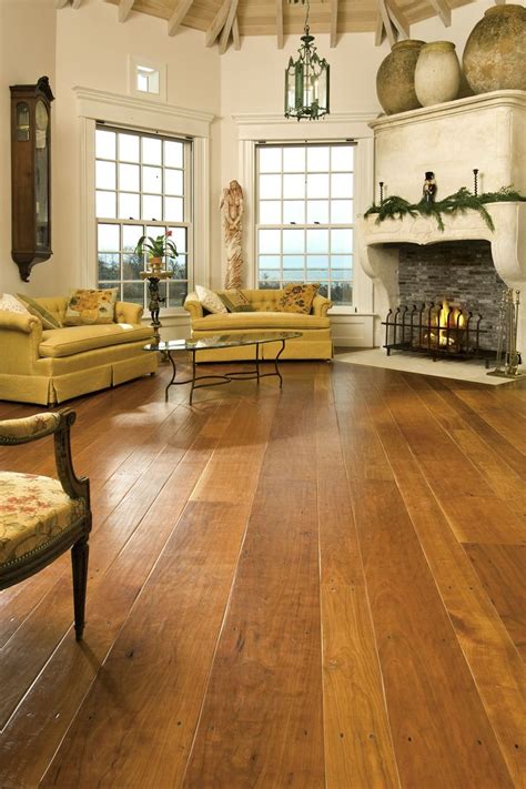 Cherry Hardwood Flooring in a Nantucket Living Room | Wide plank ...