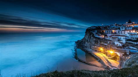 Wallpaper Sintra Portugal Azenhas do Mar Cliff Coast night time Street lights Cities Building ...