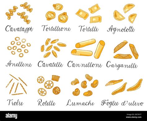 Hand drawn large set of different types of Italian pasta with names. Vector illustration ...