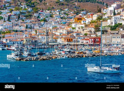 View of port of Hydra in Greece Stock Photo - Alamy