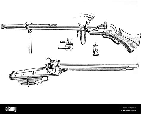 weapons, rifles, above: musket with matchlock, below: arquebus with wheellock, 16th century ...