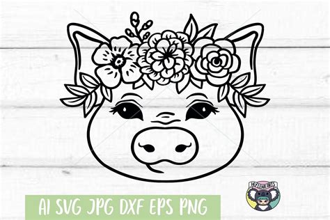 Pig with Floral Crown, Files for Cricut, Cut File, dxf png (577275) | Cut Files | Design Bundles