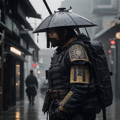 Premium AI Image | Modern Soldier and Samurai Encounter in Rainy Urban Alley