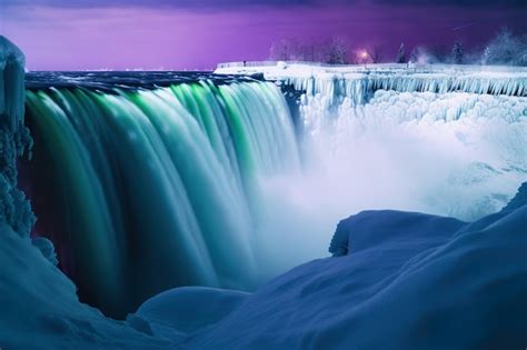 Premium Photo | A frozen waterfall in the middle of the night ai generative image