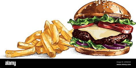 colour burger and french fries hand drawing sketch engraving illustration style Stock Vector ...