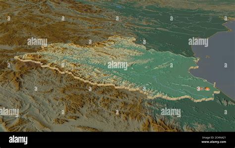 Zoom in on Nghệ An (province of Vietnam) extruded. Oblique perspective. Topographic relief map ...