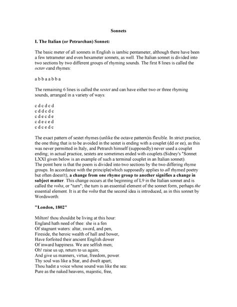 Sonnets Handout - Sonnets I. The Italian (or Petrarchan) Sonnet: The basic meter of all sonnets ...