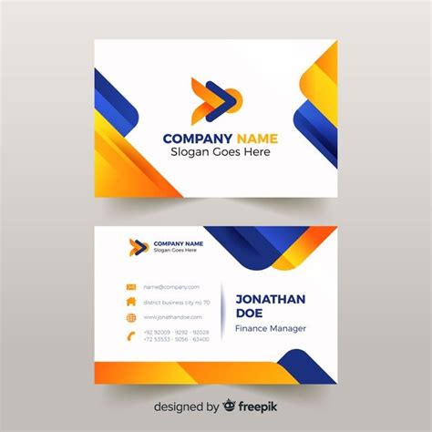 two business cards with abstract shapes on the front and back, both in blue and orange