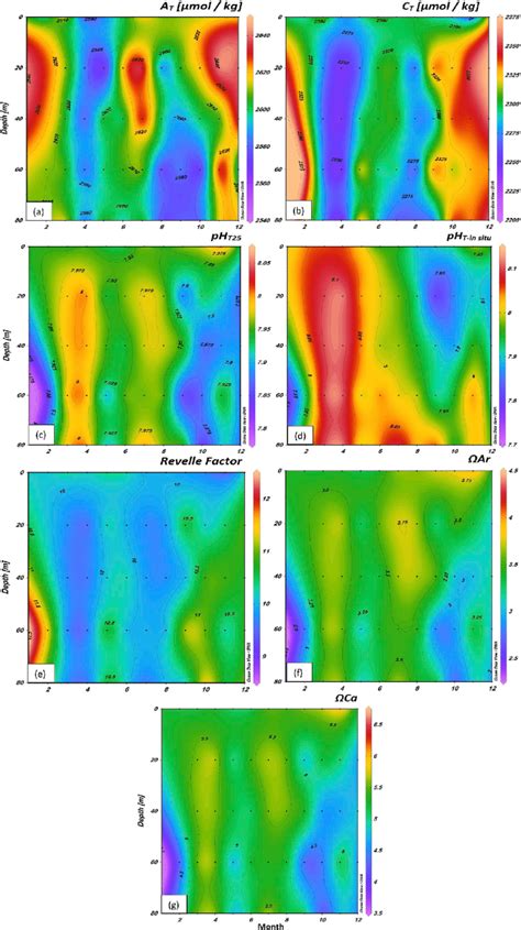 Profiles of monthly variations for the carbonate system parameters: (a ...