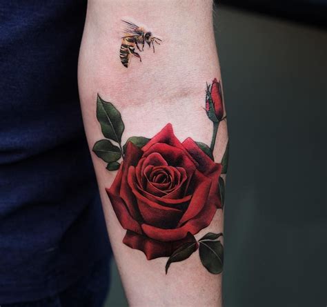 Red Rose and Bee by Joice Wang | Rose tattoos for women, Red rose tattoo, Rose tattoo design