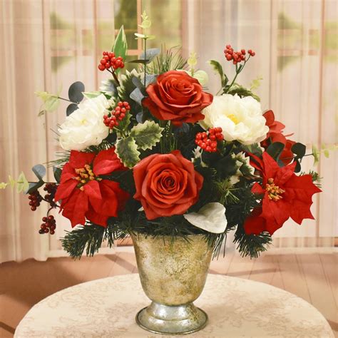 Red and White Christmas Faux Floral Design With Roses and Poinsettias ...