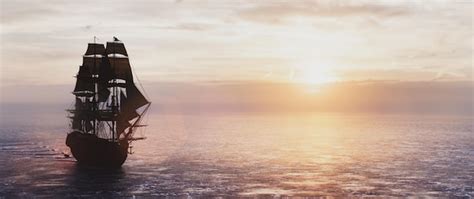 Premium Photo | Pirate ship sailing on the ocean at sunset vintage cruise