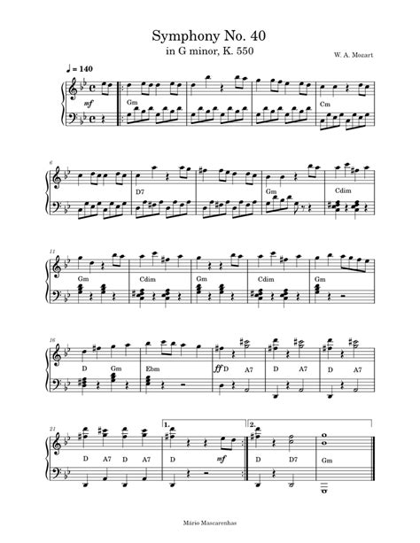 Mozart - Symphony No. 40 Sheet music for Piano (Solo) Easy | Musescore.com