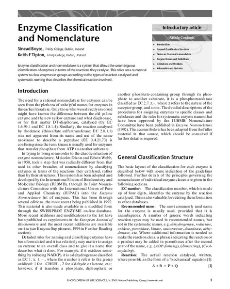 (PDF) Enzyme Classification and Nomenclature