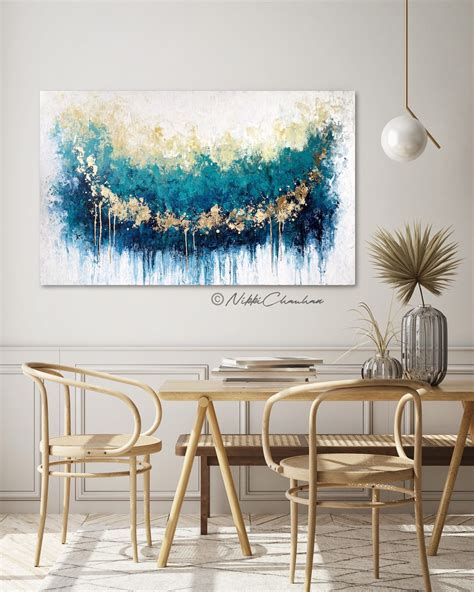 Teal Blue Large Abstract Art Canvas Painting Turquoise Gold - Etsy