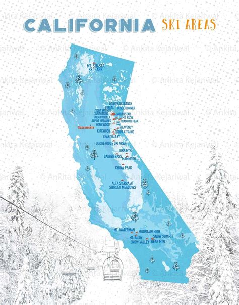 Ski Map Resorts Map for Skiers California Ski Map Gift for - Etsy ...