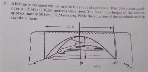 Solved: 8. A bridge is designed with an arch in the shape of a parabola. It is to be constructed ...