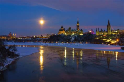 Ottawa Skyline in Winter Under Full Moon Stock Photo - Image of skyline ...