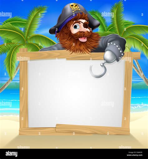 Cartoon pirate beach sign illustration of a fun cartoon pirate pointing over a sign on a beach ...