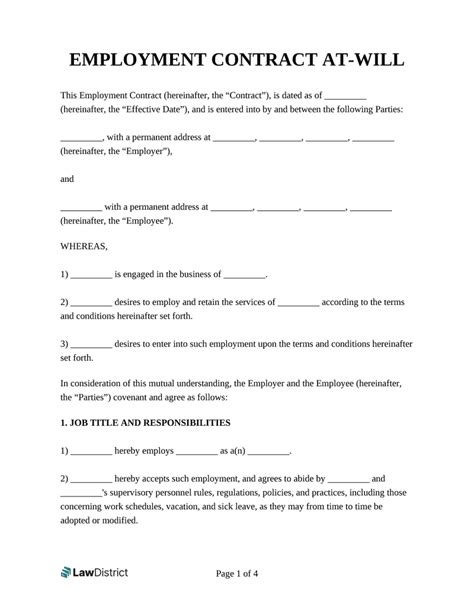 Free At-Will Employment Contract Template | PDF & Word | LawDistrict