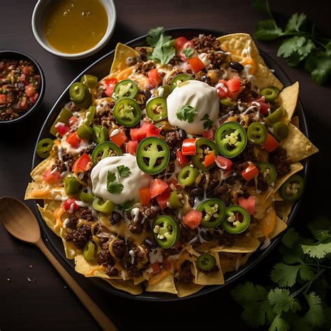 Premium AI Image | a top view photo of loaded nachos topped with ...