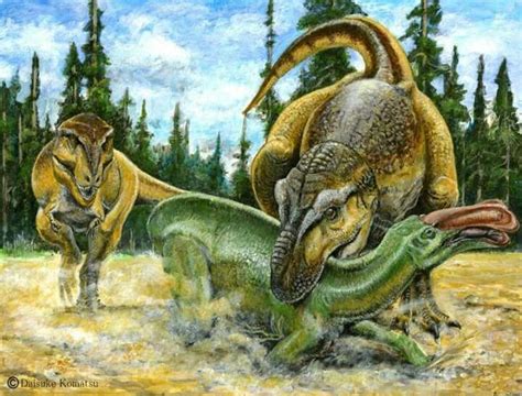 *Anatotitan & *Tyrannosaurus rex. Artwork by Daisuke Komatsu | Prehistoric creatures ...