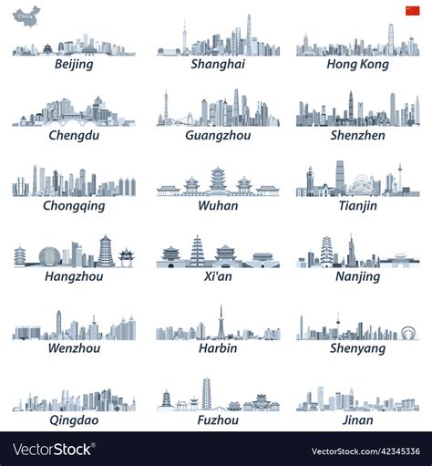 Chinese largest cities skylines set Royalty Free Vector