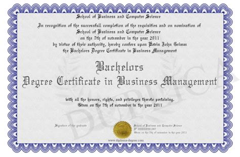 Bachelors Degree Certificate in Business Management