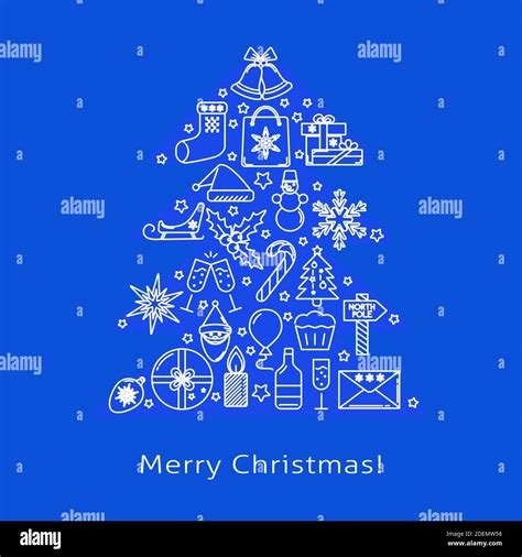 Merry Christmas banner template in line style with text. Christmas tree symbol with holiday ...