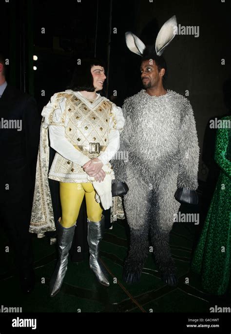 Nigel Harman as Prince Farquaad (left) and Richard Blackwood as Donkey, after a special ...