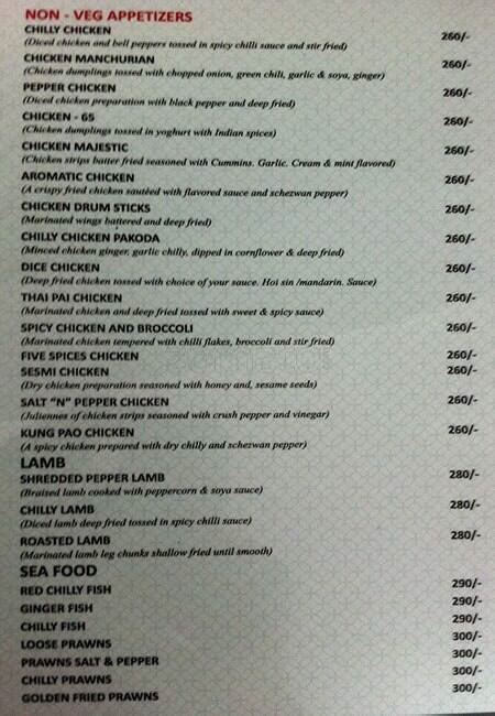 Menu at Pebbles, Hyderabad, 53 Shri Nagar Colony Road