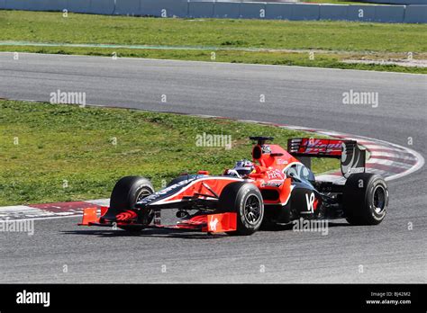 Timo Glock driving for the 2010 Virgin F1 racing team at the Montmelo circuit, Barcelona, Spain ...