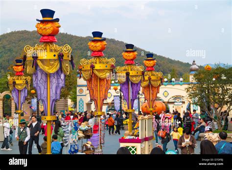 Pumpkin decoration of the halloween at the entrance of Everland theme park during the colourful ...