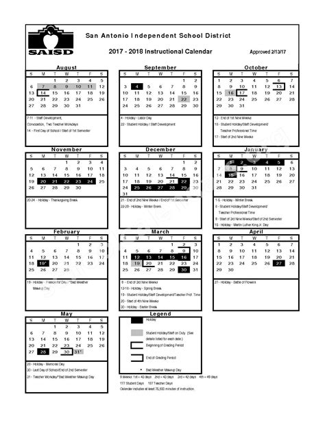 2017 - 2018 School Calendar | San Antonio Independent School District – San Antonio, TX