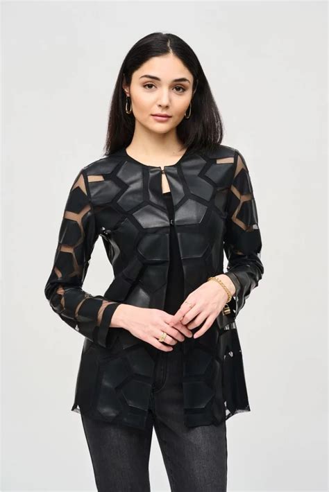 Joseph Ribkoff Black Laser-Cut Leatherette on Mesh Jacket Style 241905