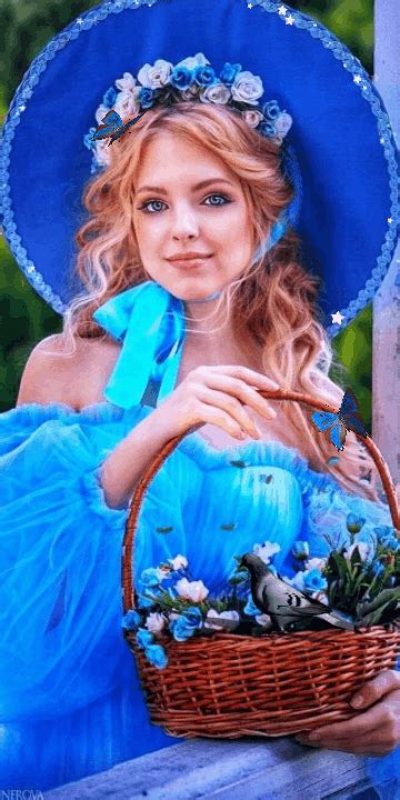 a woman in a blue dress and hat holding a basket with flowers on the side