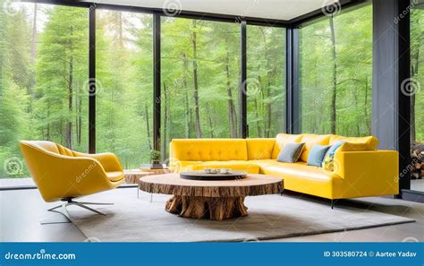 Tree Trunk Coffee Table Near Yellow Leather Tufted Sofa by Fireplace. Minimalist Home Interior ...