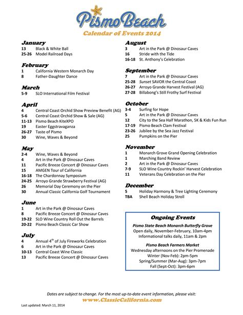 Pismo Beach Calendar Of Events | Printable Templates Free