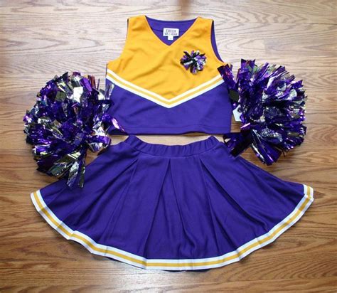 CHEERLEADER OUTFIT COSTUME UNIFORM PURPLE GOLD POM POMS 12 DELUXE SET ...