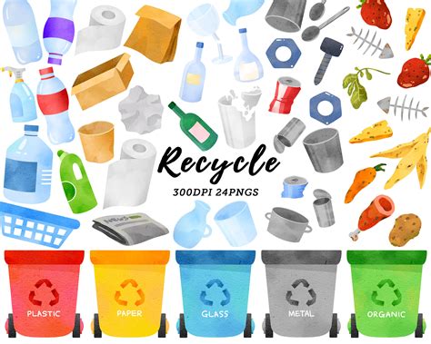 Watercolor Recycle Clipart / Recycling Trash Clipart / Recycling Guide / Recycle Bin / Earth Day ...