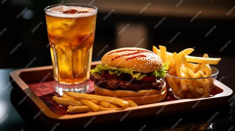 Premium AI Image | a burger set with soda drink and french fries