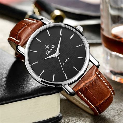 Brown Faux Leather Strap Round Black Dial Classy Vintage Watch Silver ...