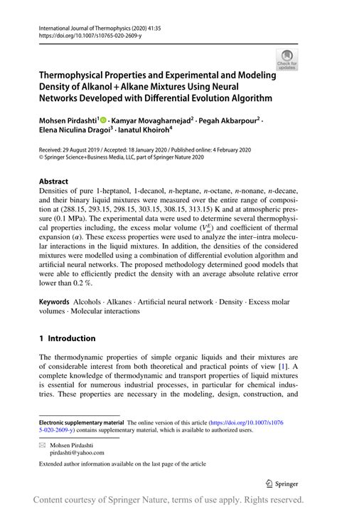 Thermophysical Properties and Experimental and Modeling Density of Alkanol + Alkane Mixtures ...