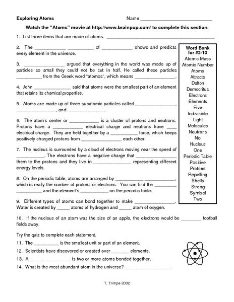 Exploring Atoms Worksheet for 8th - 9th Grade | Lesson Planet