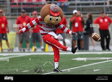 Ohio State mascot Brutus Buckeye kicks field goals prior to the ...