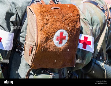 German military paramedic equipment with a red cross brassard and ...