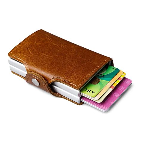 Men Genuine Leather double Metal Credit Card Holder Aluminium RFID Blocking Wallet Hasp Mini ...