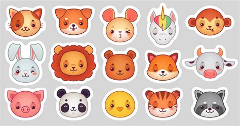 Animals face stickers. Cute animal faces, kawaii funny emoji sticker o By Tartila | TheHungryJPEG