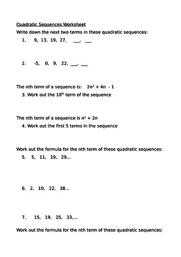 Quadratic sequences worksheet (or test) with answers | Teaching Resources